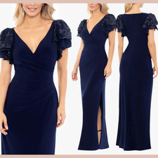 NWT Betsy  Adam  8P  Jennifer Sequin V-Neck Flutter Sleeve Gown Navy J2143