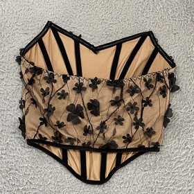 Micas Corset Top Womens Small Beige Black 3D Floral Mesh Strapless Bustier Tan
