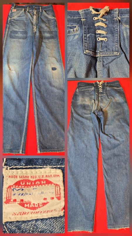 VTG 1940-1950 CARHARTT LACE BACK DENIM JEANS HEART TRAIN UNION SANFORIZED PANTS