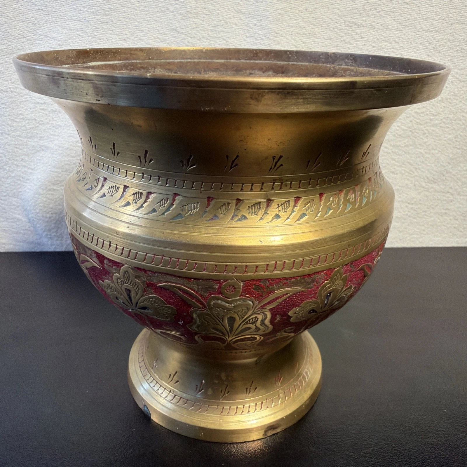 Vintage Indian Brass Planter Enamel Pedestal Bowl Etched Floral Cachepot Boho