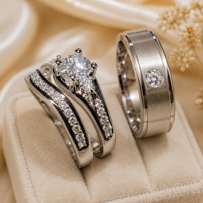 His/Her Trio Ring Attractive 2Ct Moissanite Pass Test 14K White Gold Plated Set