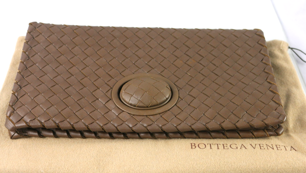 Bottega Veneta Woven Fold Over Turnlock Brown Intrecciato Leather