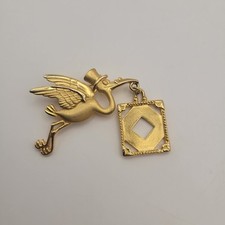 JJ Stork and Baby Photo Picture Frame Lapel Pin Brooch Vtg Gold Tone