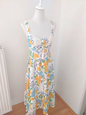 ZARA Damen Trägerkleid Midi mehrfarbig Blumen Leinen/Viskose Knöpfe Gr. S - Bild 1 von 4