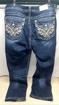 Miss Me Curvy Crop Bling Rhinestone Pocket Dark Wash Denim Jeans Size 36x24