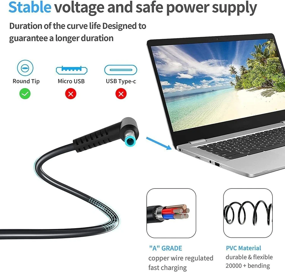 Cargador para portátil HP modelo 14 14 14-dk 14-dq 14-dy 14-df cable de alimentación 45W Foto 2 de 4