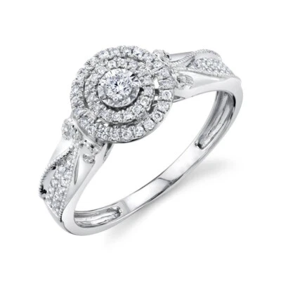 14K Weißgold Diamant Verlobungsring Perlen Milgrain Rund Schliff Halo Natürlich - Bild 1 von 4