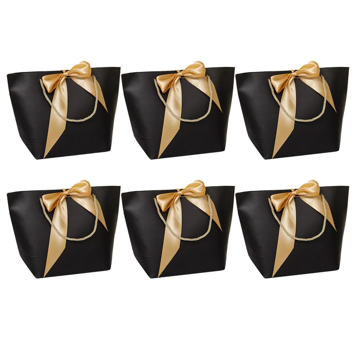 Premium Quality Black Paper Gift Bags with Gold Bow Ribbon – Pack of 6