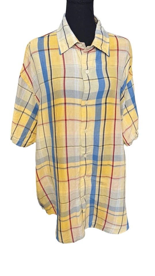 Nautica Plaid Shirt Mens X-Large Yellow Plaid Short Sleeve Logo Linen Blend - Image 4 of 4