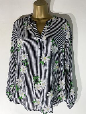 Freizeithemd Bluse Damen F&F UK 10 blau & weiß gestreift lang Rollriegelärmel