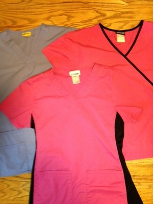 Lot Of 3 S Small Medical Scrub Tops With Black Pink Red Ceil