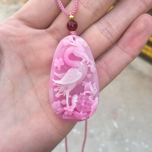 Natural Peach Blossom Jade Opal Super Fairy Palace Wind Crane Necklace Pendant - Picture 5 of 9