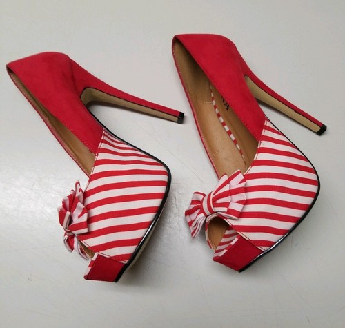 Zuka open Peep Toe Pumps Heels.Red/white stripes. 4" Heal. Bow Tie.Beauty EL 6 - Picture 5 of 12