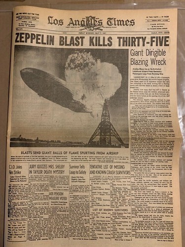 1937 Hindenberg Zeppelin Los Angeles Times news front page
