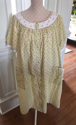 Vintage Moon Dance Pearl Snap Housecoat w/ Pockets Yellow Floral Granny Size 1X