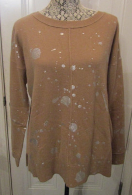 Pure Amici Sweater 100% Cashmere Brown Silver Metallic Splats NWT Size M