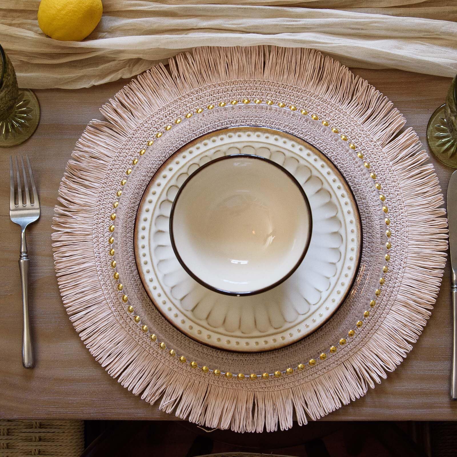 Round Woven Paper Placemats Set of 4 Braided 15 Inches Indoor Outdoor