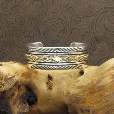 *Southwestern Sterling Silver and 14K Gold Stamped Cuff Bracelet+
