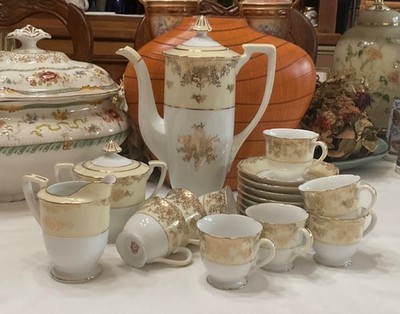 1920s Noritake  M  Footed Hand Painted Porcelain Chocolate Pot, Demitasse Cupset