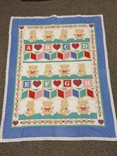 Vintage 80s 90s Baby Blanket Quilt Teddy Bear ABCs Alphabet Hearts 44x34