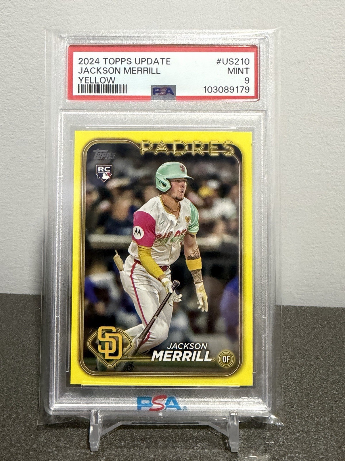 2024 Topps Update Series Jackson Merrill #US210 Yellow PSA 9 Rookie Padres