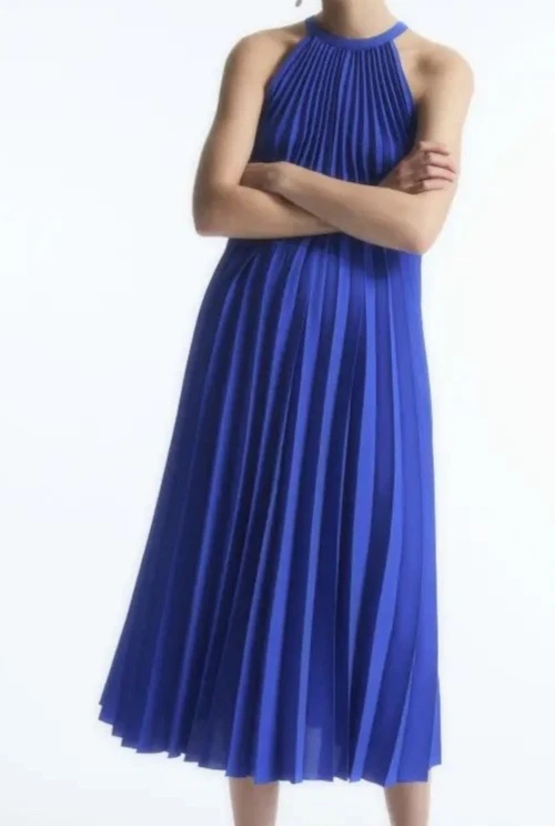 strapless open back dress Elipse Pleated V-Neck Dress in Navy  Des Kohan