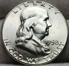 1958 P Franklin Half Dollar, Choice BU, 90% Silver - 0.3617 Troy Ounces, F-5832