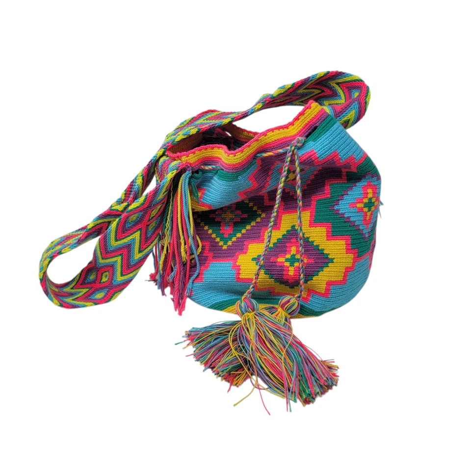 Bolso Bandolera Wayuu Mochila Tejido con Cordón Tribal Flecos Neón Brillante Foto 3 de 4