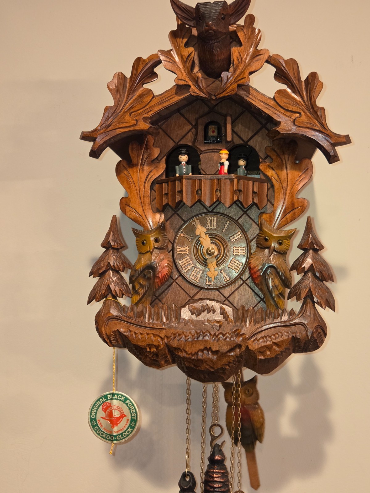 Hubert Herr Musical Dancers Animated Owls Cuckoo Clock UNIQUE!!!