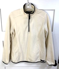 New LL BEAN S Soft Brushed Ivory Fleece w/ Navy Trim 1/4 Zip Top