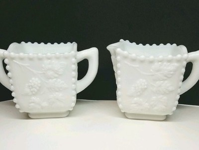Westmoreland  Milk Glass Paneled Grape Beaded Creamer & Sugar Set Square