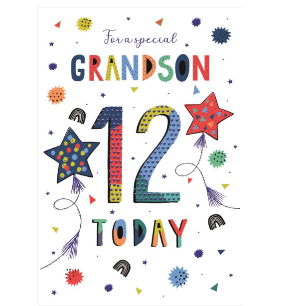 Birthday Card GRANDSON 12th 12. *Nine Inch Silver-Foiled Card, Pages inside*
