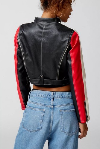 NUEVO CON ETIQUETAS Urban Outfitters UO Imitación Cuero Corredor Motociclista Chaqueta Negra Roja Talla Grande - Imagen 6 de 8