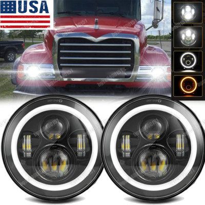 Pair for Mack Granite Dump Trucks 7'' inch Round Led Headlights Hi/Lo Sealed Beam