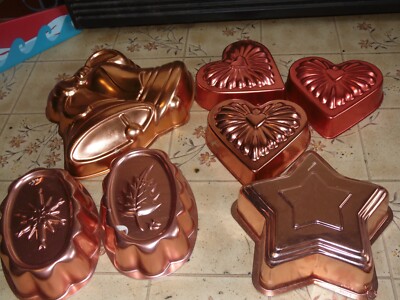 Lot of 7 Copper Aluminum Jello Mold Wall Hanging Heart Star Bells
