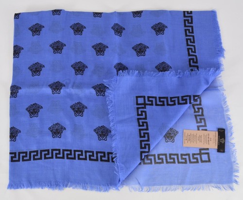 NEW Versace $350 Blue Black Modal Silk MEDUSA HEAD Greek Key Scarf - Picture 2 of 8