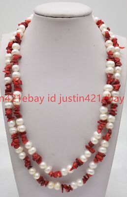 2 Rows 7-8mm White Cultured Pearl & Red Coral Chip Gravel Beads Necklace 17-18''
