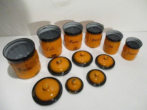 ANCIENNE SERIE DE 6 POTS A EPICES EMAILLEE ORANGE ET NOIR ENAMEL POT - Picture 2 of 7