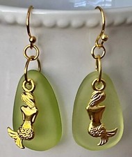 Gold Mermaid and Ocean Green Earrings. Faux Beach Glass. Coast.