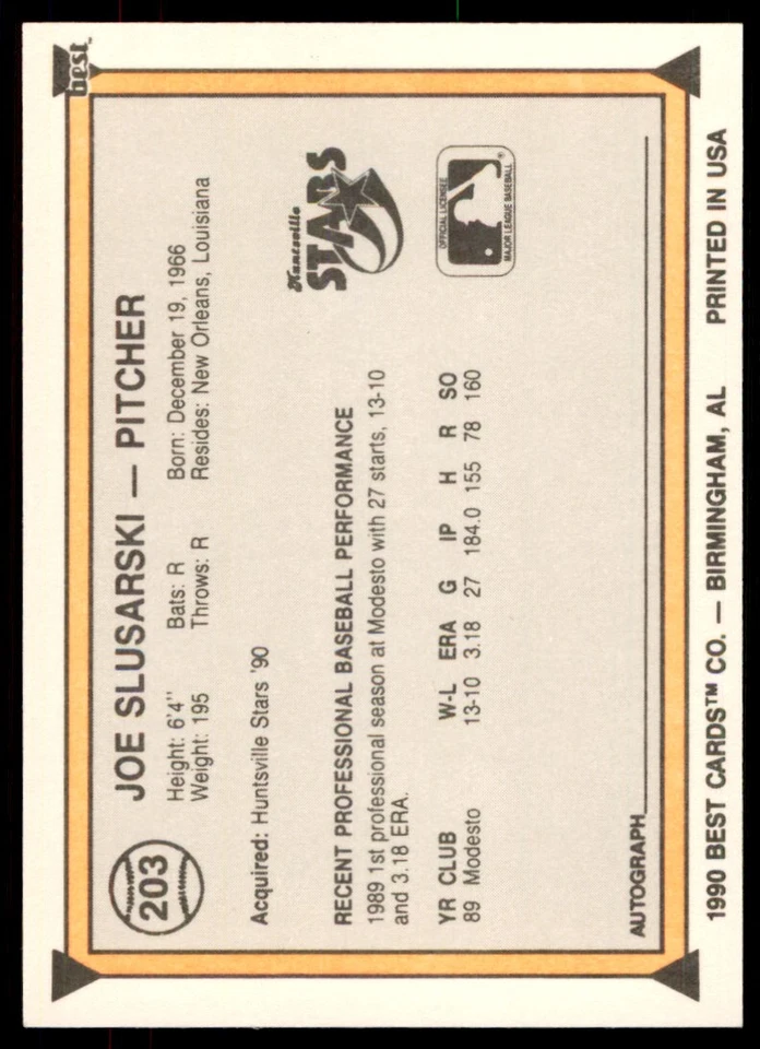1990 Best Joe Slusarski Baseball Cards #203 - Image 2 of 2