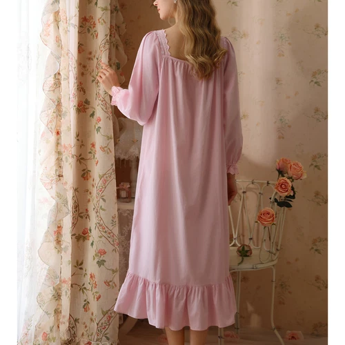 Women's Cotton Nightgown Princess Square Neck Long Sleeve Sleep Dress - Picture 13 of 53