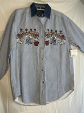 VTG Lets Quizz Again Women Small Teddy Bear Apple Picker Blue White Striped NEW