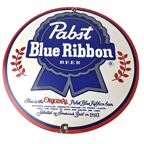 Vintage Pabst Blue Ribbon Beer Porcelain Sign - Ribbon Badge Logo Sign
