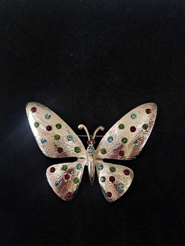 VTG Rhinestone Butterfly Brooch Pin Rainbow Silver Tone