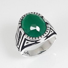 Mens 925 Silver Ring with Crystal Green Stone | Men's 925 Silver Ring