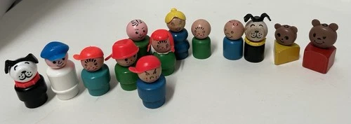 Vtg Fisher Price Little People Wooden/Plastic Figures Lot, Straight Body,Pan+