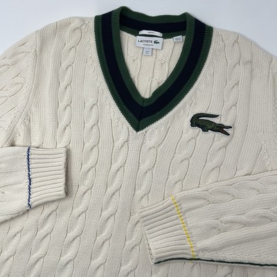 Lacoste Unisex V-Neck Cable Knit Sweater Large Big Croc White Preppy Academia