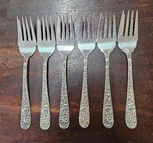 SET OF 6 STERLING  S. KIRK & SON REPOUSSE SALAD FORKS 6 1/8"
