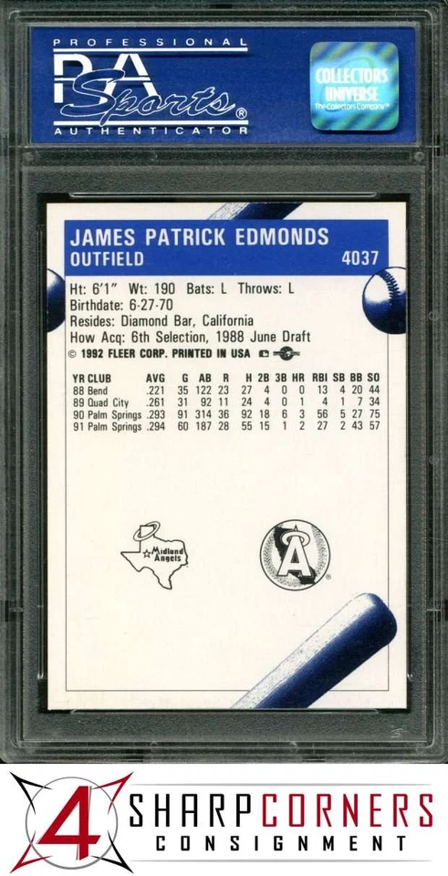 1992 FLEER PROCARDS MIDLAND ANGELS #4037 JIM EDMONDS RC POP 5 PSA 9 - Image 2 of 4