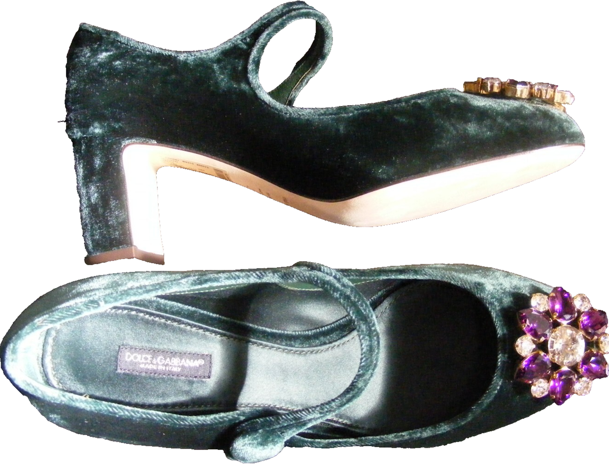 DOLCE & GABBANA Green Velvet MARY JANES BLOCK Heels EU:40/US:9
